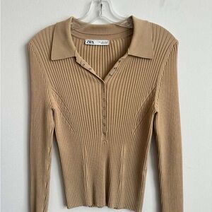 Zara Beige Ribbed Button Down Long Sleeve Top Large Size